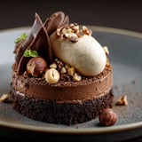 A chocolate dessert with a nut topping.