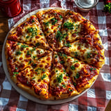 A pizza with cheese and herbs on top.