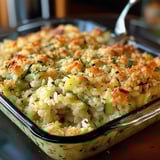 A dish of food in a glass dish.