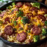A pan of food with meat and broccoli.