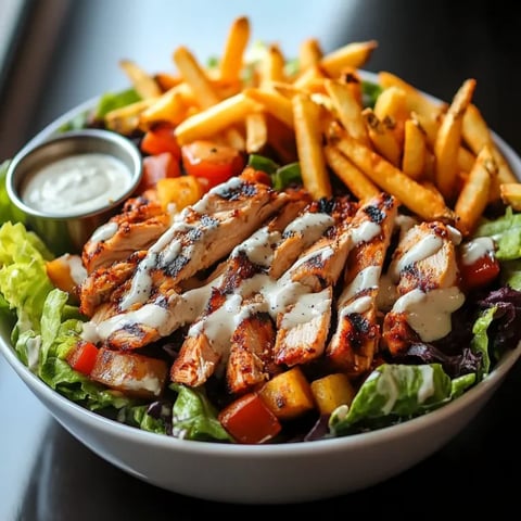 A bowl of food with chicken, fries, and salad.