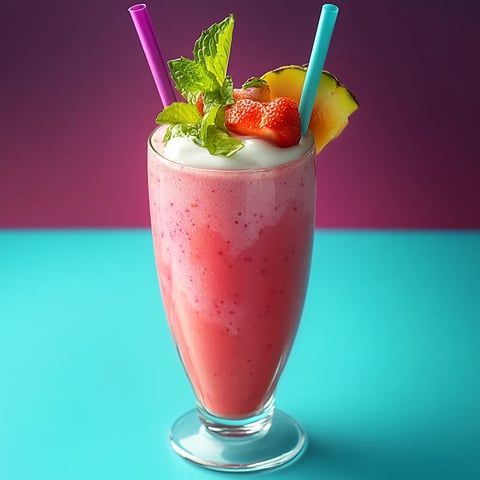 A glass of pink drink with a straw in it.