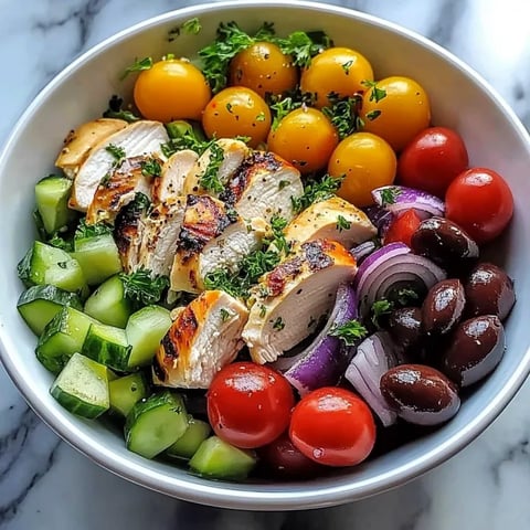 A bowl of food with chicken, tomatoes, onions, cucumbers, and olives.