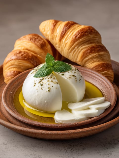 A plate of food with a croissant and a cheese ball.
