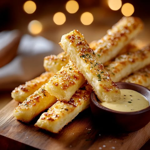 A plate of breadsticks with a bowl of dipping sauce.