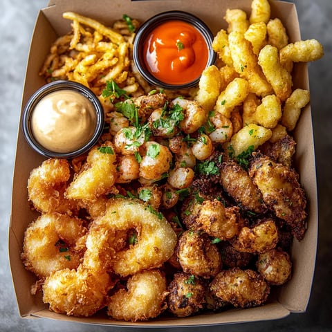 A box of food with fries, shrimp, and sauce.