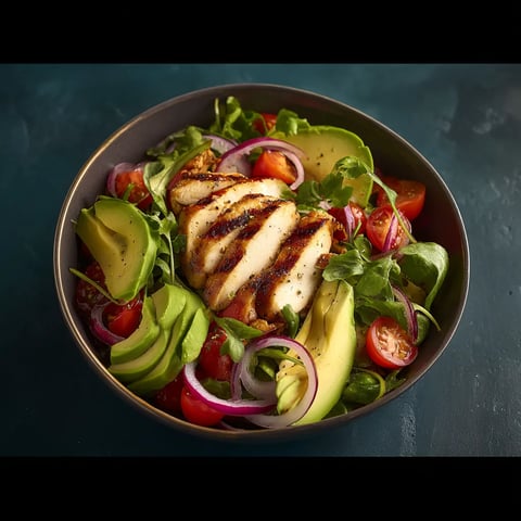 A bowl of food with chicken, avocado, tomato, and onion.
