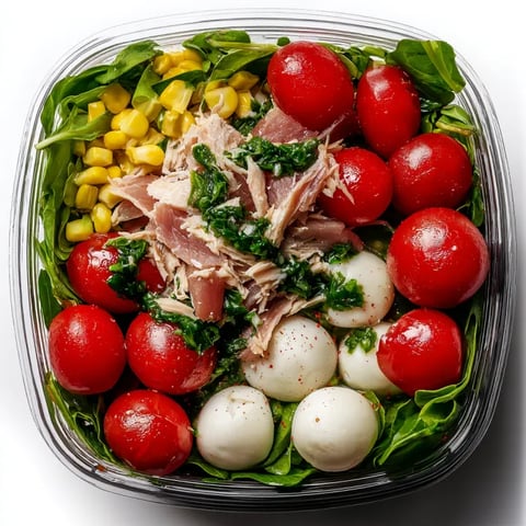 A salad with tomatoes, corn, and chicken.
