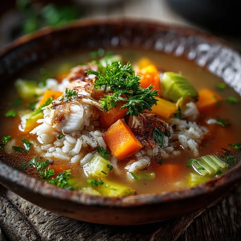A bowl of soup with rice, carrots, and fish.