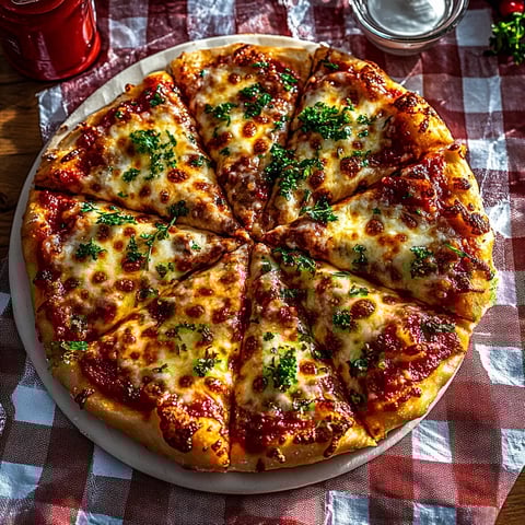 A pizza with cheese and herbs on top.